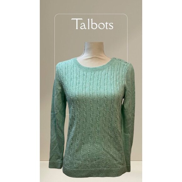 Talbots Mint Green Crewneck Cable Knit Sweater Size Medium Petite - Picture 1 of 9